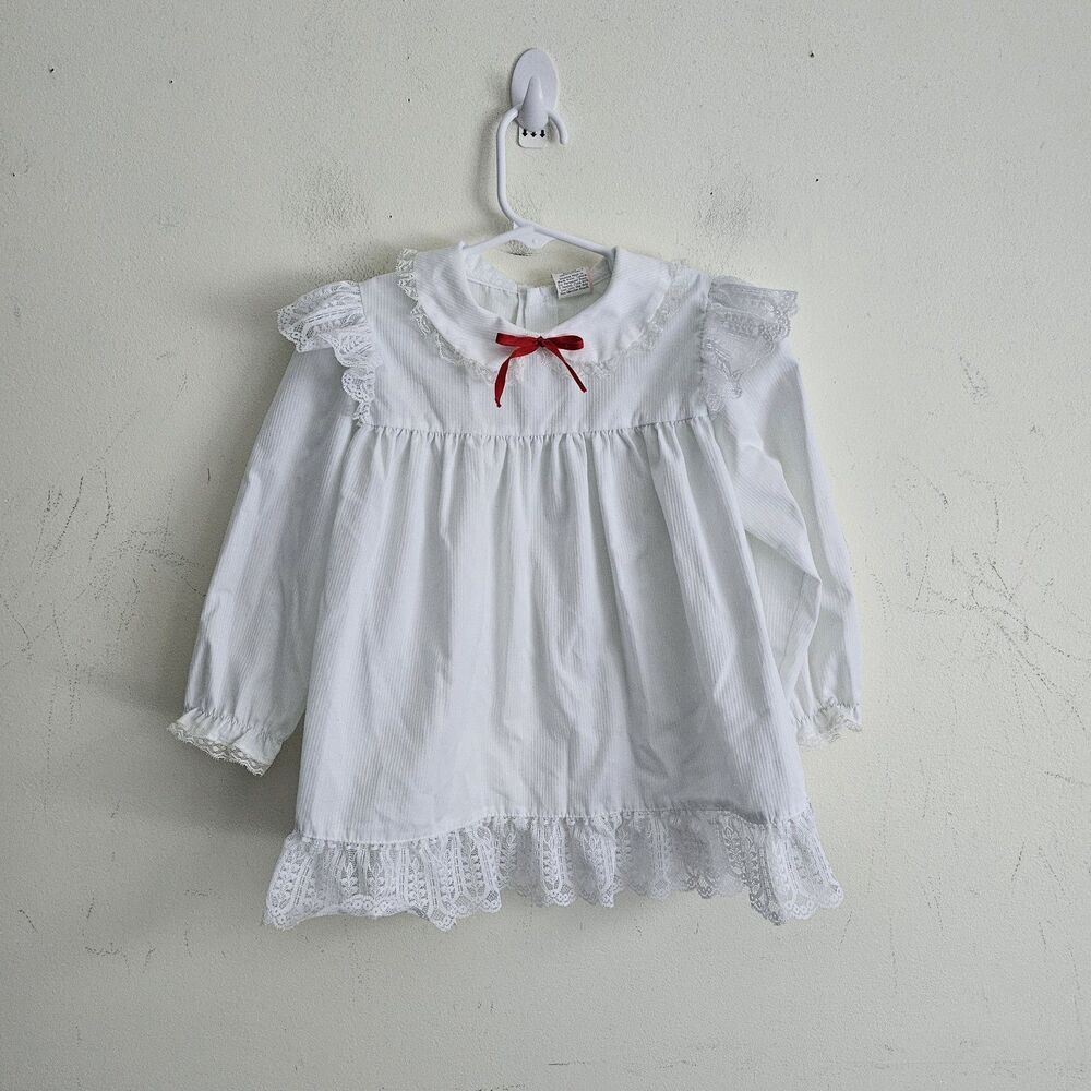 Vintage  White Lace Trim Toddler Dress 4T | Red Bow Peter Pan